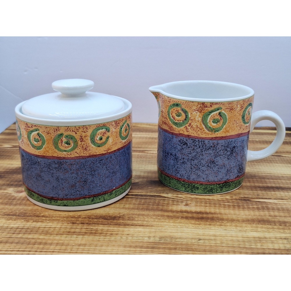 Vintage 1995 Sakura Malaga by Sue Zipkin‎ Stoneware Creamer + Sugar Bowl and Lid